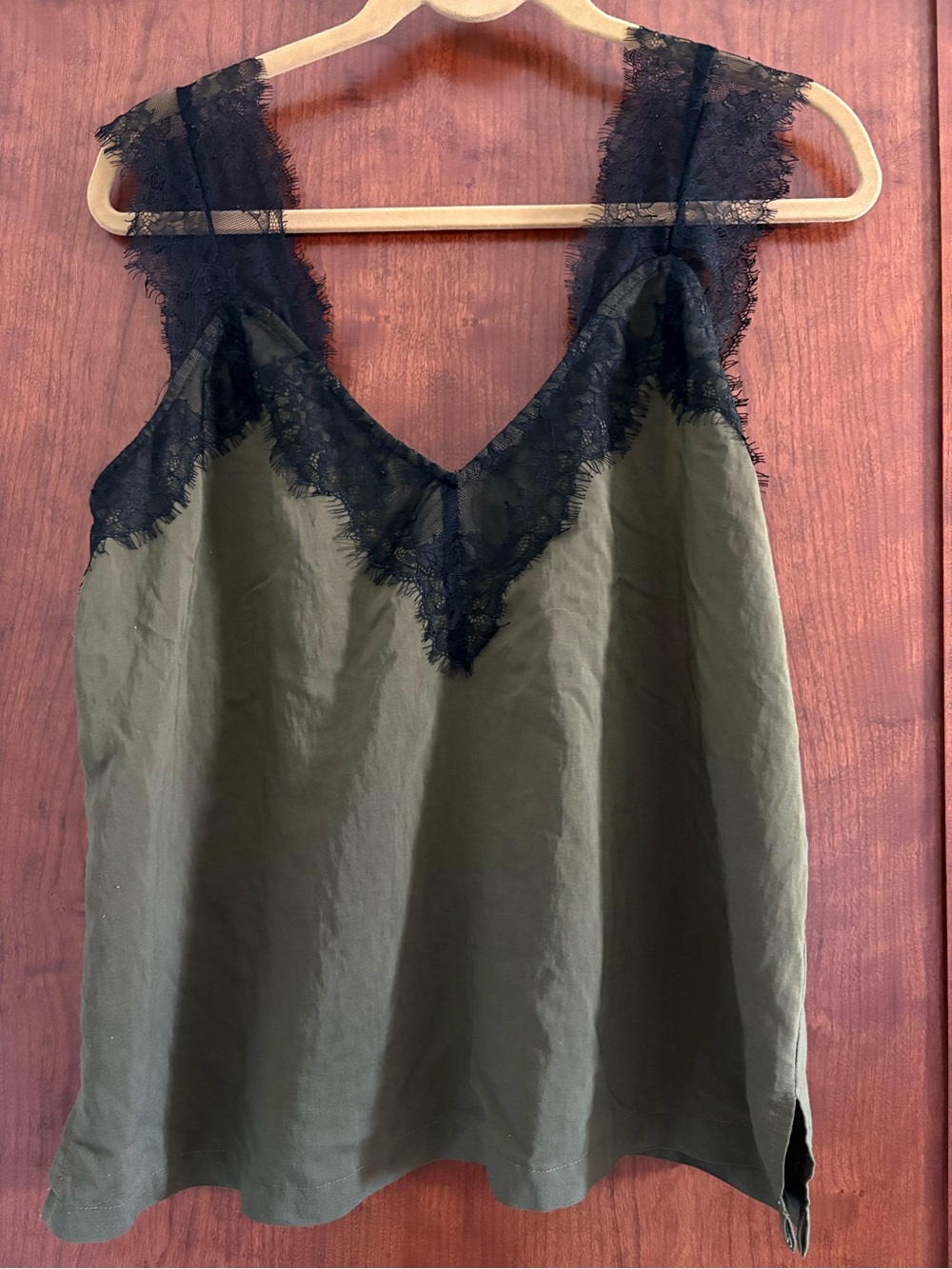 lovestitch Olive Green V-Neck Camisole with Black Lace Trim